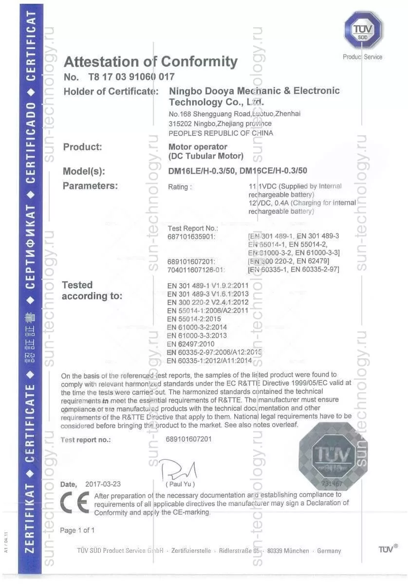 Сертификат на электроприводы DM16LE, DM16CE